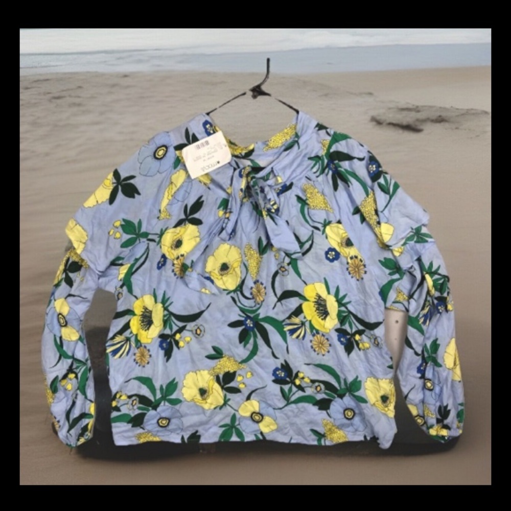 INC Women Floral Long Sleeve Mock Neck Full Bloom Mabel Bouquet Blue Blouse XXL